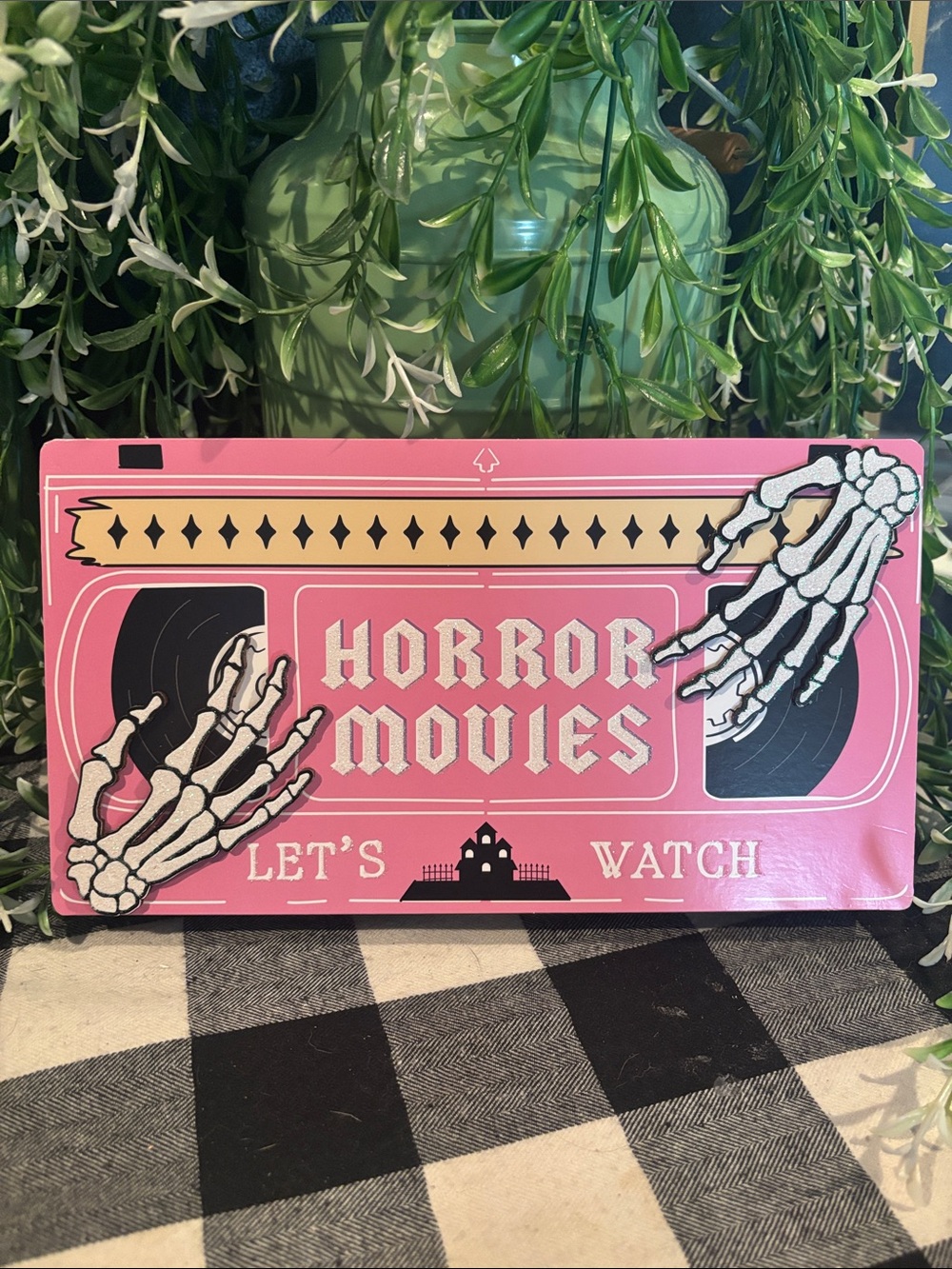 Horror Movies Decorative Sign - Pink Skeleton Design